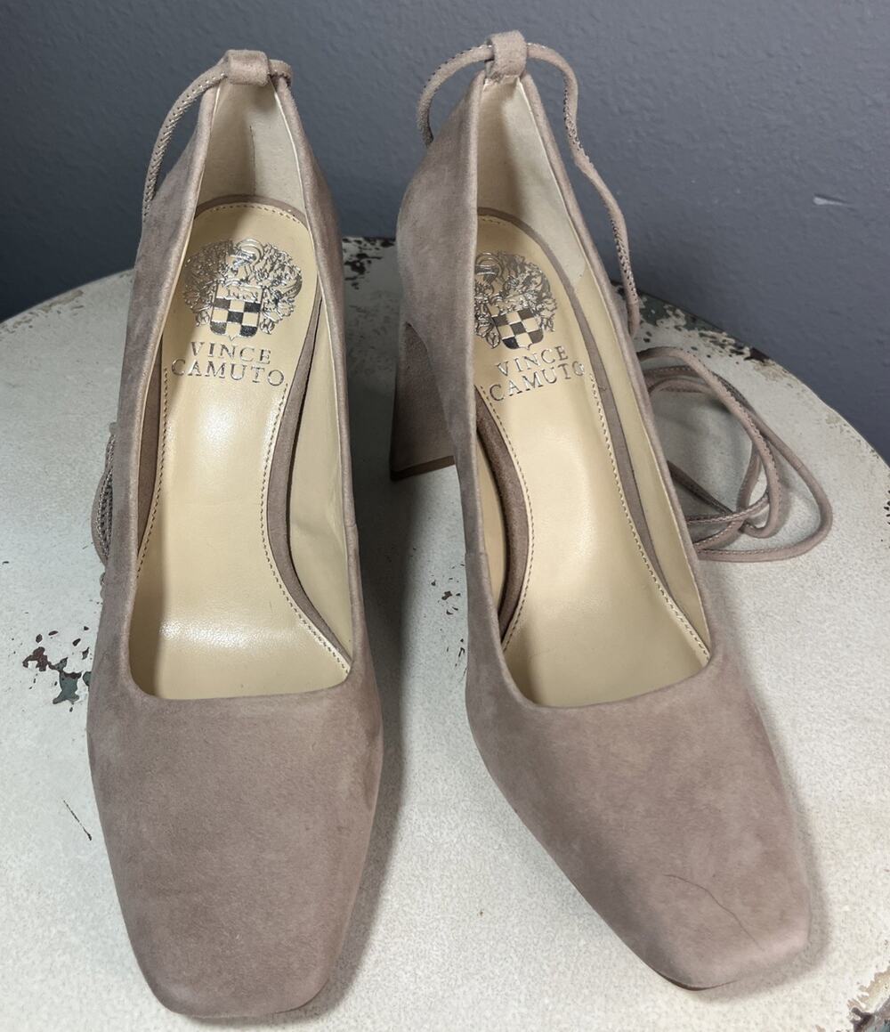 Vince Camuto Taupe Beige Suede Square Toe Block High Heel Ankle Tie Women’s 6.5